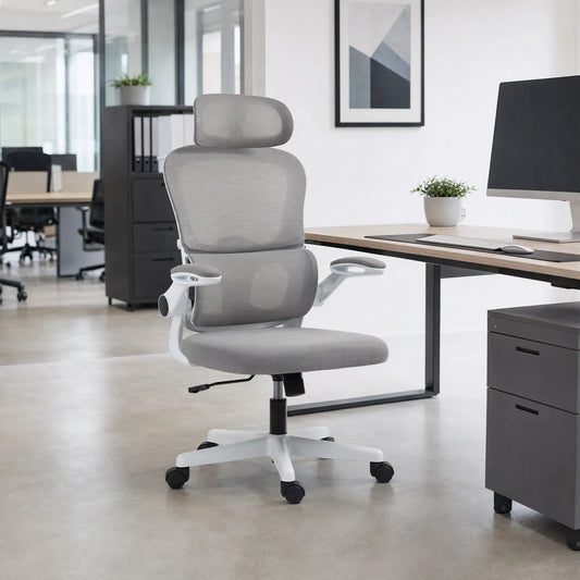 Mesh Office Chair, Ergonomic with Flip-Up Armrest, Rotatable Headrest, Adjustable Lumbar Support, Grey Office Chairs Grey at Gallery Canada