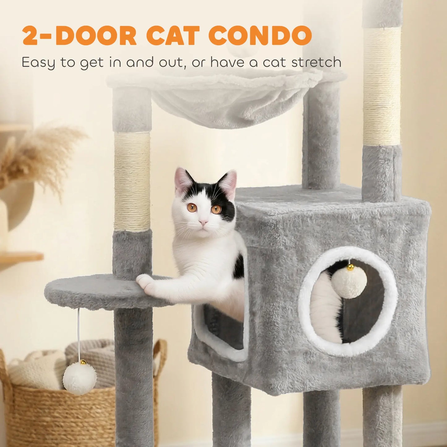 65 Inch Cat Tree, 2 Doors Condos, Plush Perch, Hammock, Grey Cat Towers at Gallery Canada