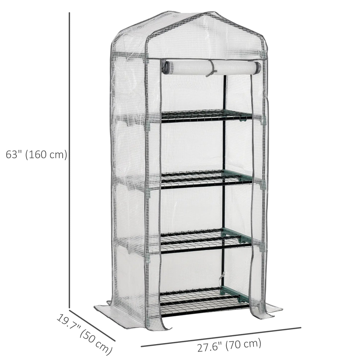 Portable Greenhouse With 4 Tier Shelves, Steel Frame, PE Cover, 28" x 20" x 63", White