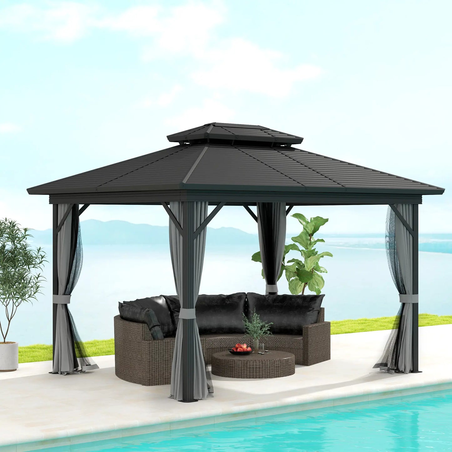 10' x 12' Hardtop Gazebo, Sun Shelter, Metal Roof, Mosquito Net, Light Grey Gazebos at Gallery Canada