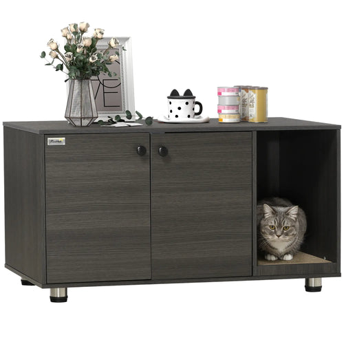 Hidden Cat Litter Box Furniture, Double Doors, Scratching Pad, Black