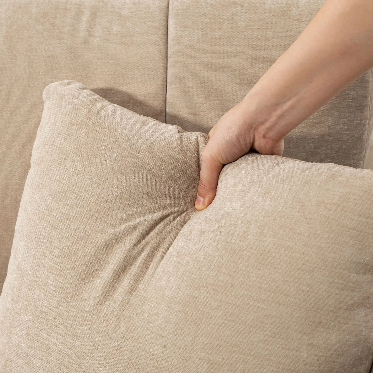 Canapé sectionnel en forme de L 3 places avec méridienne, coussin à ressorts, oreillers, beige