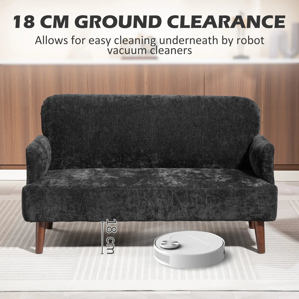 Velvet Fabric 2 Seater Sofa, Small Loveseat 8.3" Thick, Black 2-Seater Sofas at Gallery Canada