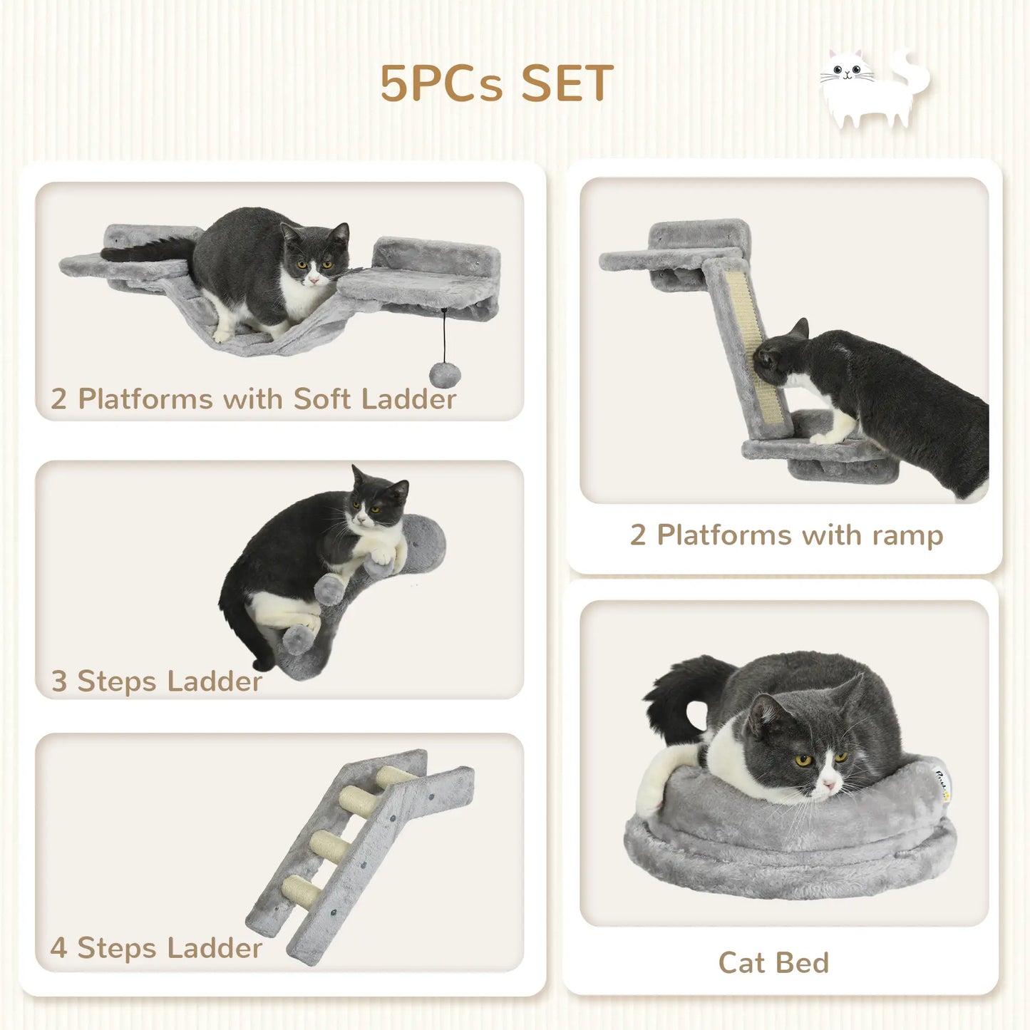 5PCs Cat Wall Shelves, Scratching Post, Ladder, Bed, Platform Cat Climbing Wall at Gallery Canada