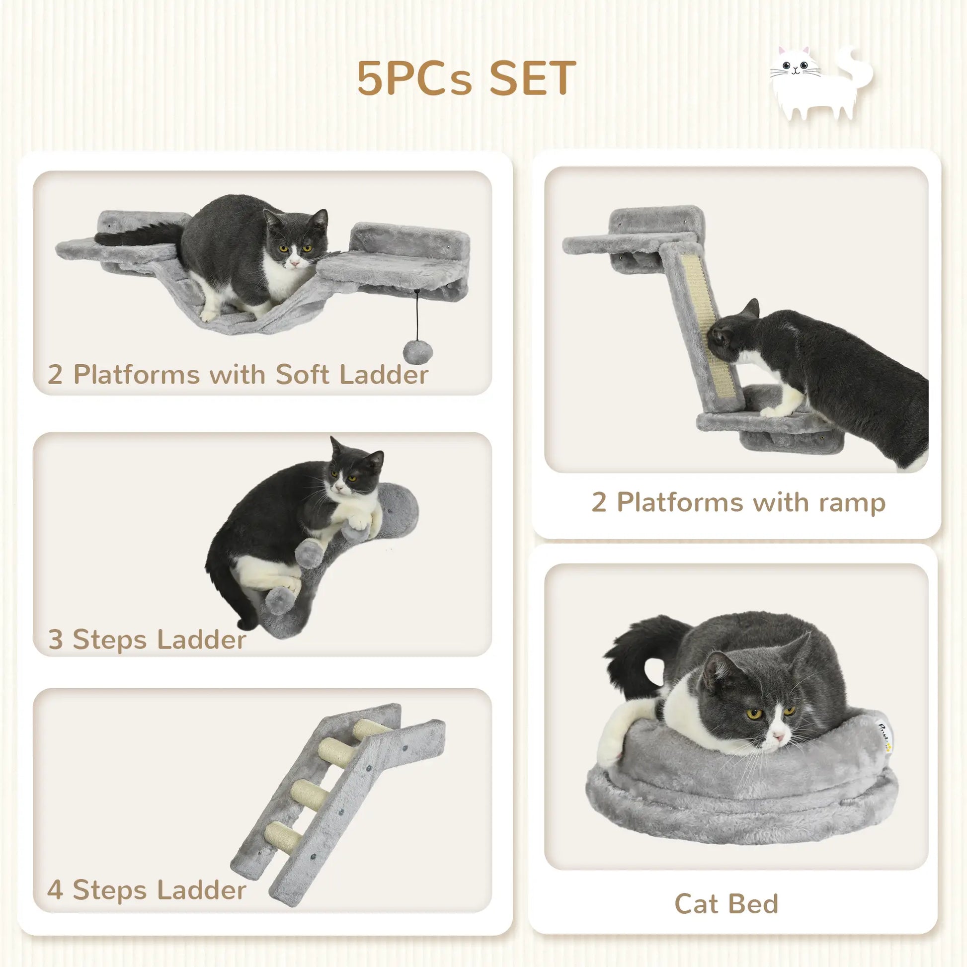 5PCs Cat Wall Shelves, Scratching Post, Ladder, Bed, Platform Cat Climbing Wall at Gallery Canada