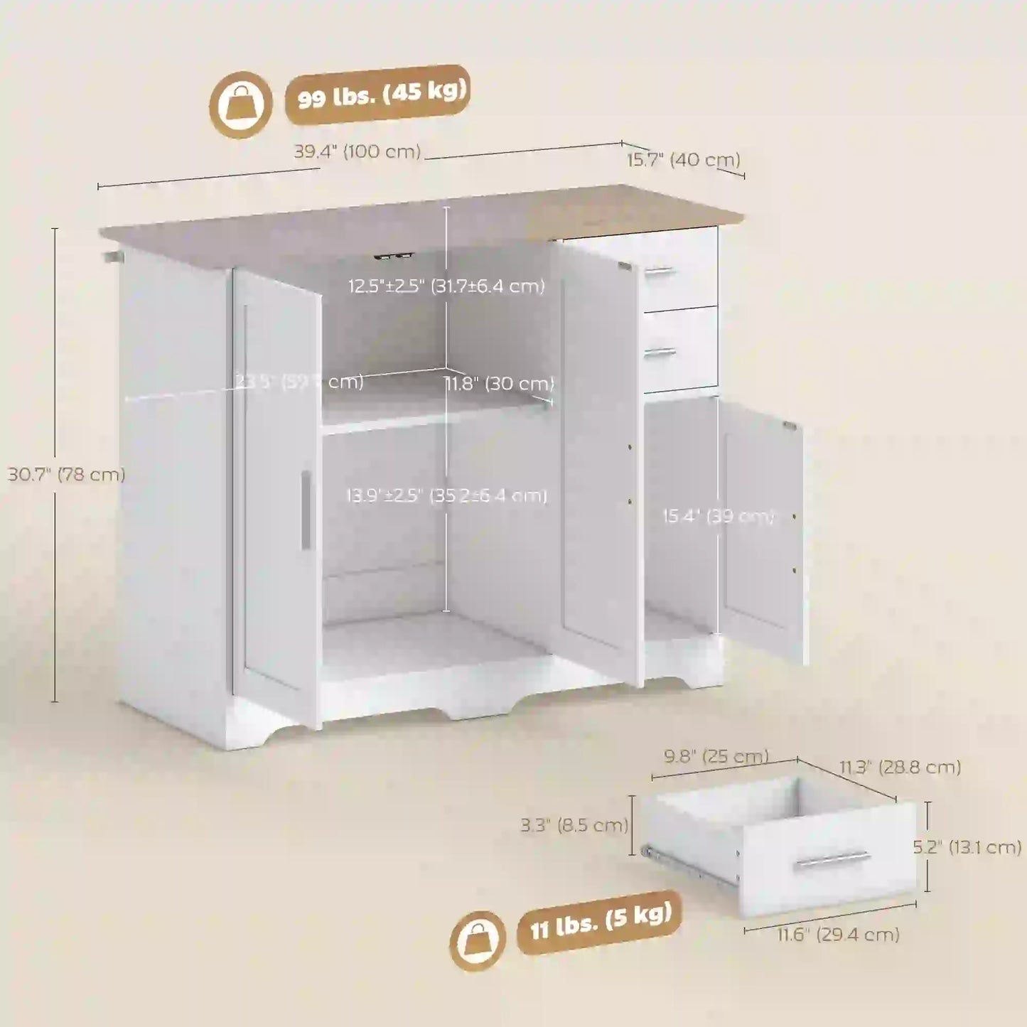 40" Sideboard Buffet Cabinet, Modern Kitchen Storage Cabinet with 2 Drawers, 3 Doors &; Adjustable Shelf, White Storage Cabinets at Gallery Canada