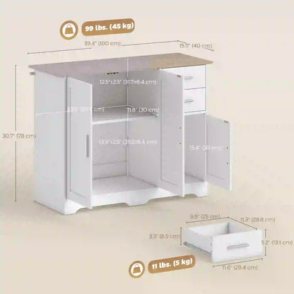 40" Sideboard Buffet Cabinet, Modern Kitchen Storage Cabinet with 2 Drawers, 3 Doors &; Adjustable Shelf, White Storage Cabinets at Gallery Canada