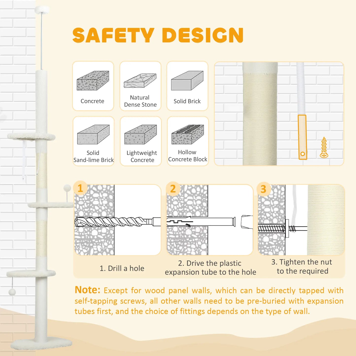 88.5"-100.5" Floor to Ceiling Cat Tree, Scratching Posts, Cloud Platforms, Cream Floor to Ceiling Cat Trees at Gallery Canada