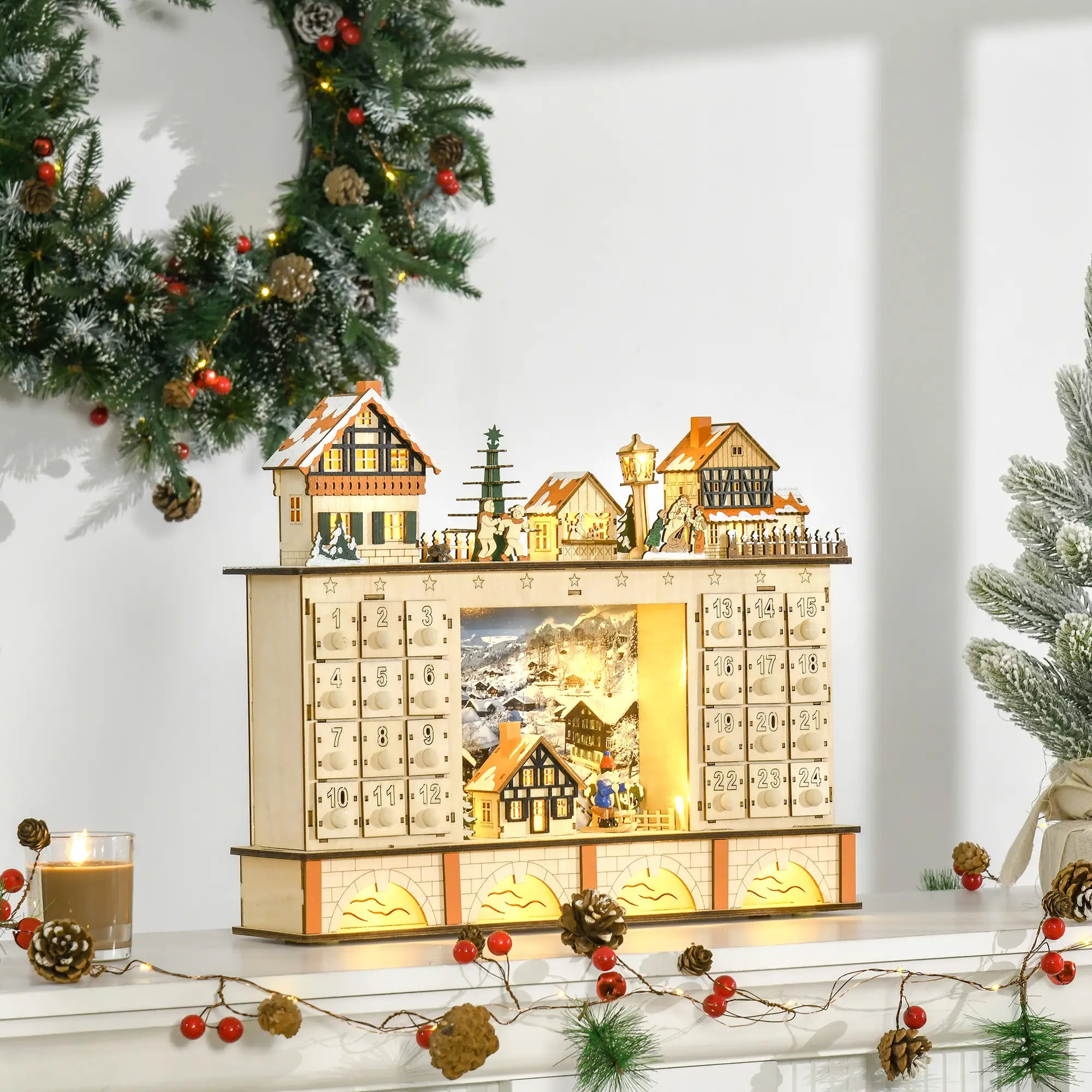 Christmas Advent Calendar, Light Up Wooden Countdown Drawer, Village, Natural Wood Christmas Advent Calendars at Gallery Canada