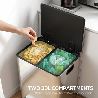 2 x 30L / 7.9 Gallon Dual Trash Can with Removable Inner Buckets and Handles for Kitchen, Office, Bathroom, Silver