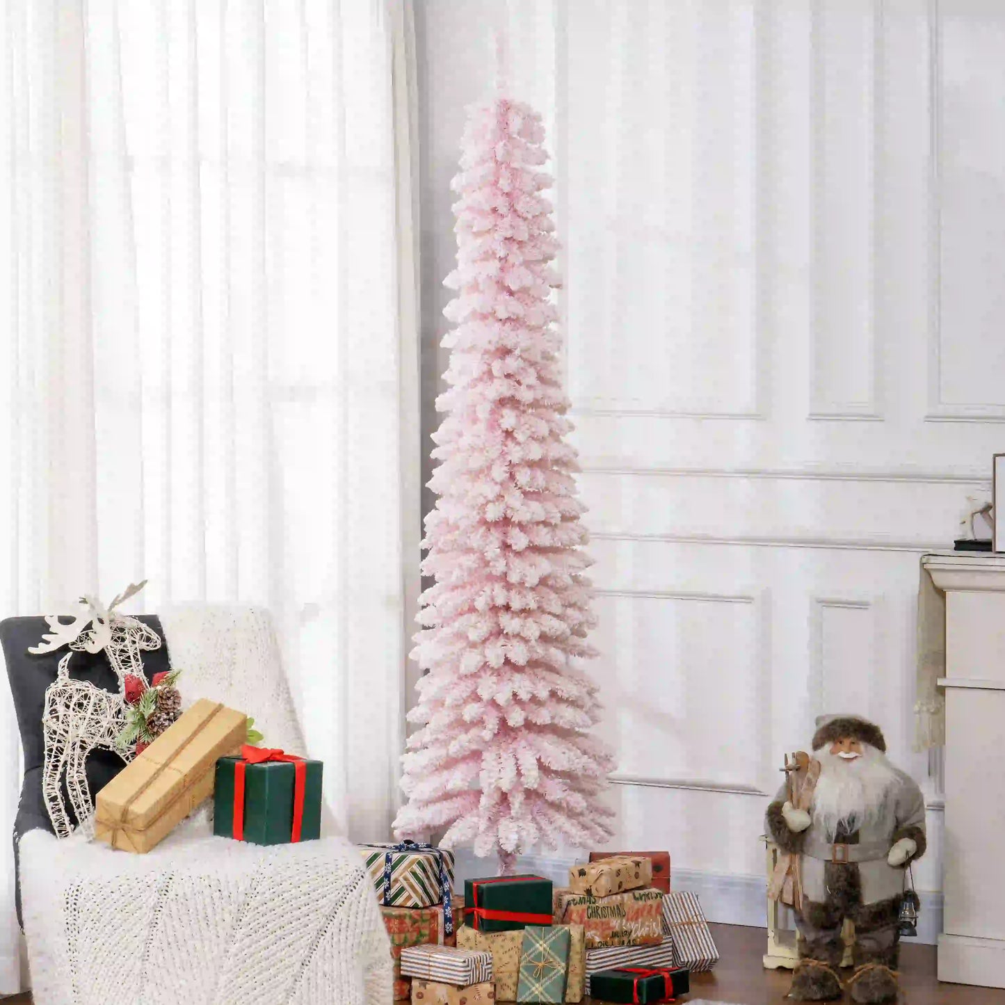 7ft Snow-Flocked Slim Pencil Christmas Tree, 490 Branches, Metal Base, Pink Flocked Christmas Trees at Gallery Canada