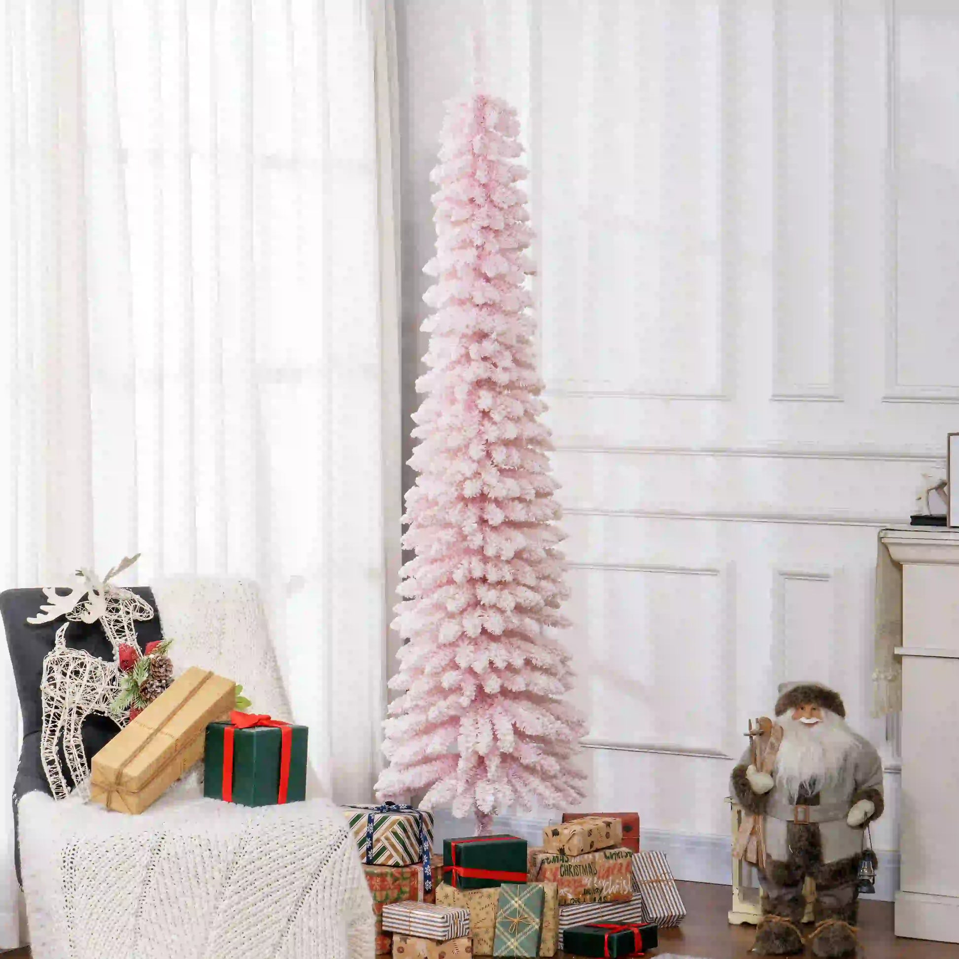 7ft Snow-Flocked Slim Pencil Christmas Tree, 490 Branches, Metal Base, Pink Flocked Christmas Trees at Gallery Canada