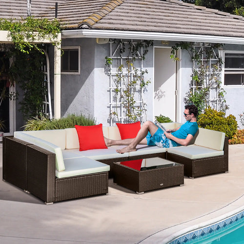 7-Piece Patio Furniture Set, Rattan Outdoor Sofa, Ivory