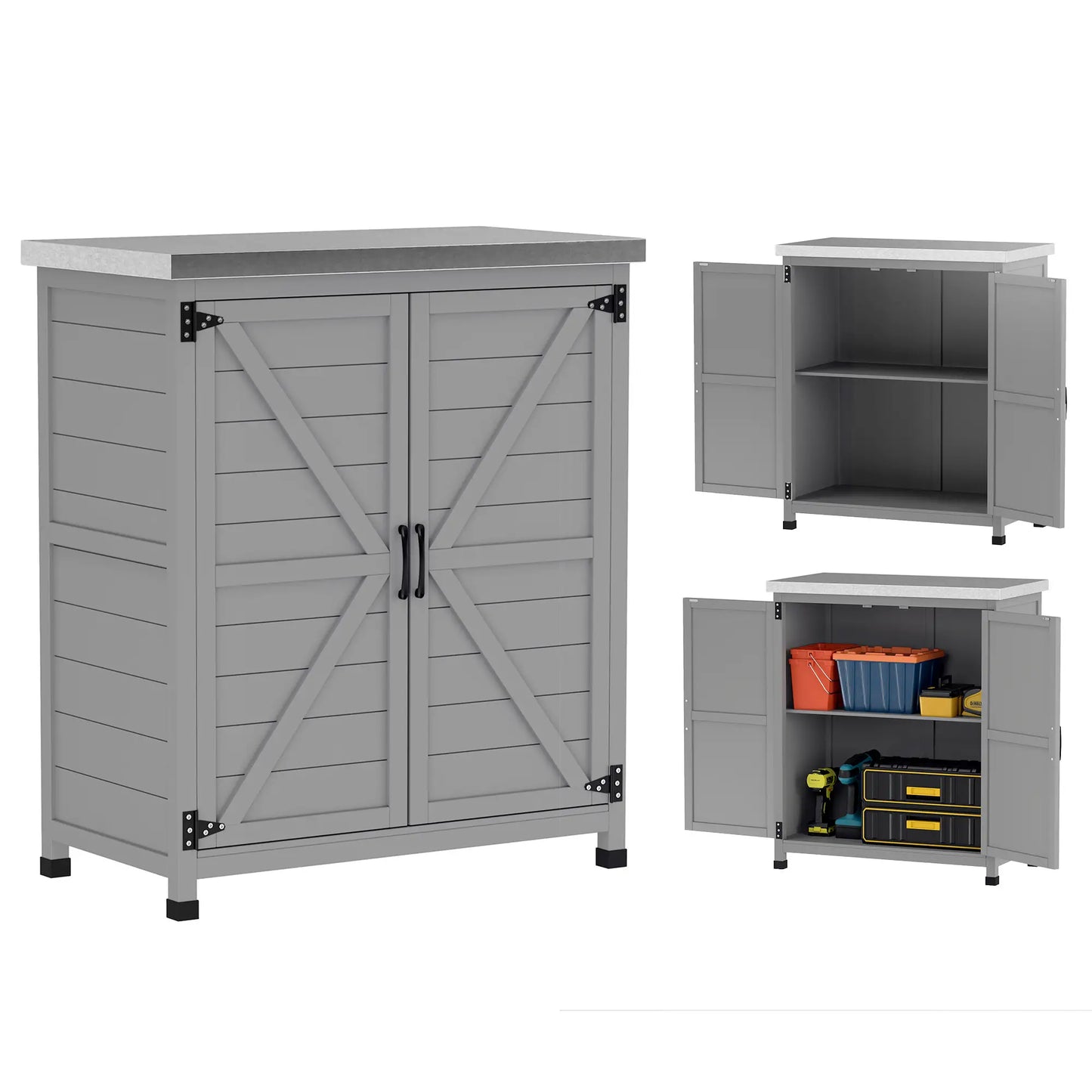 Outdoor Garden Storage Cabinet, Potting Bench with Metal Tabletop, Shelf, Grey Sheds at Gallery Canada