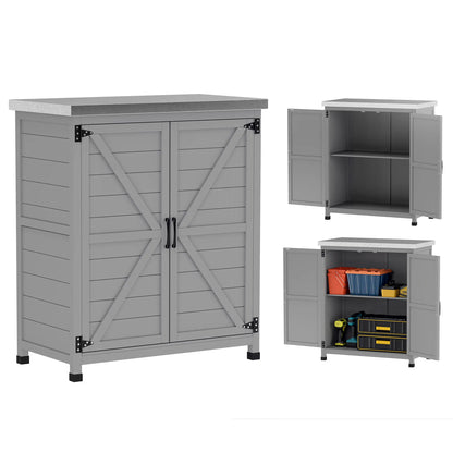 Outdoor Garden Storage Cabinet, Potting Bench with Metal Tabletop, Shelf, Grey Sheds at Gallery Canada