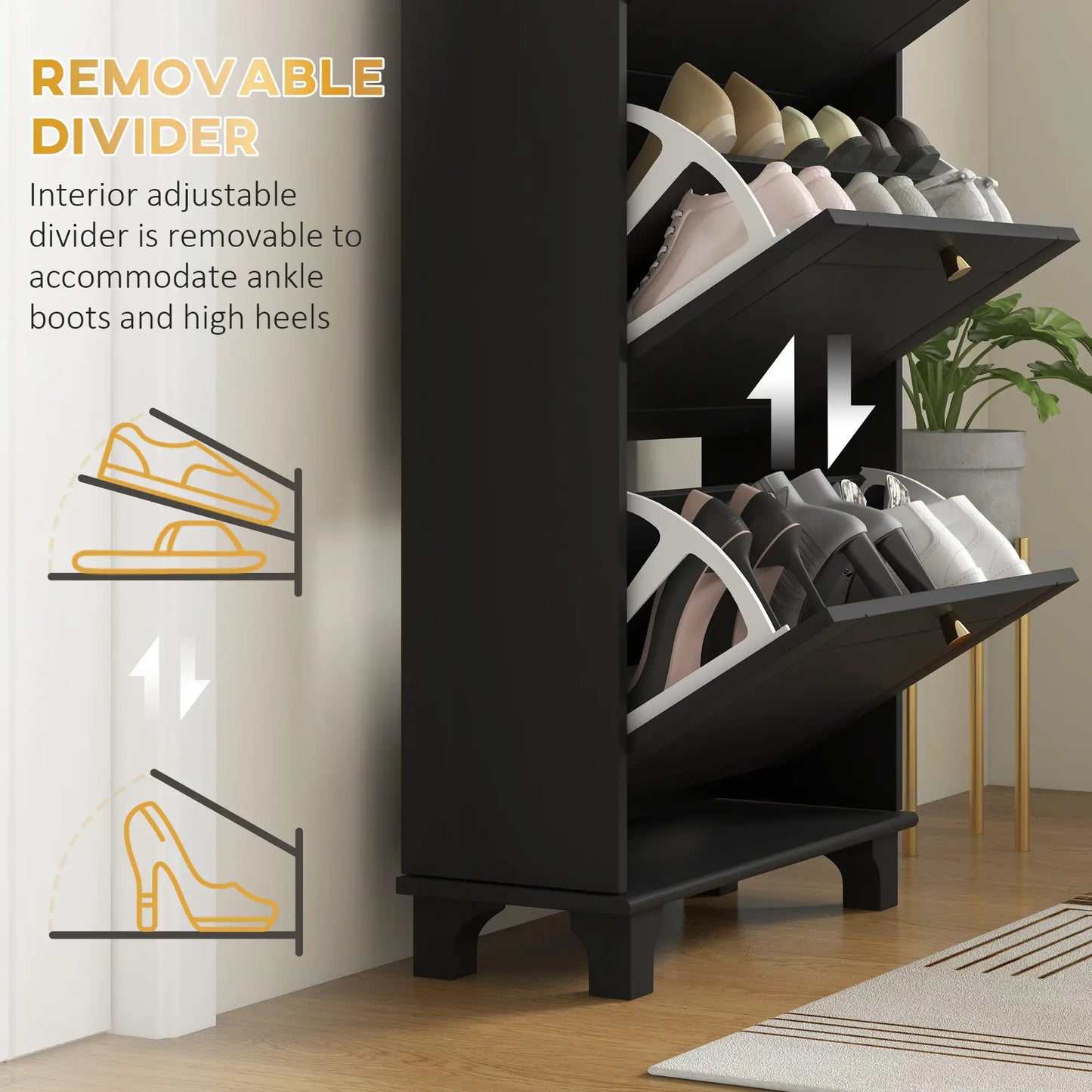 Narrow Shoe Storage, 3 Flip Drawers, Adjustable Shelves, Holds 12 Pairs, Black Shoe Storage Cabinets & Racks at Gallery Canada