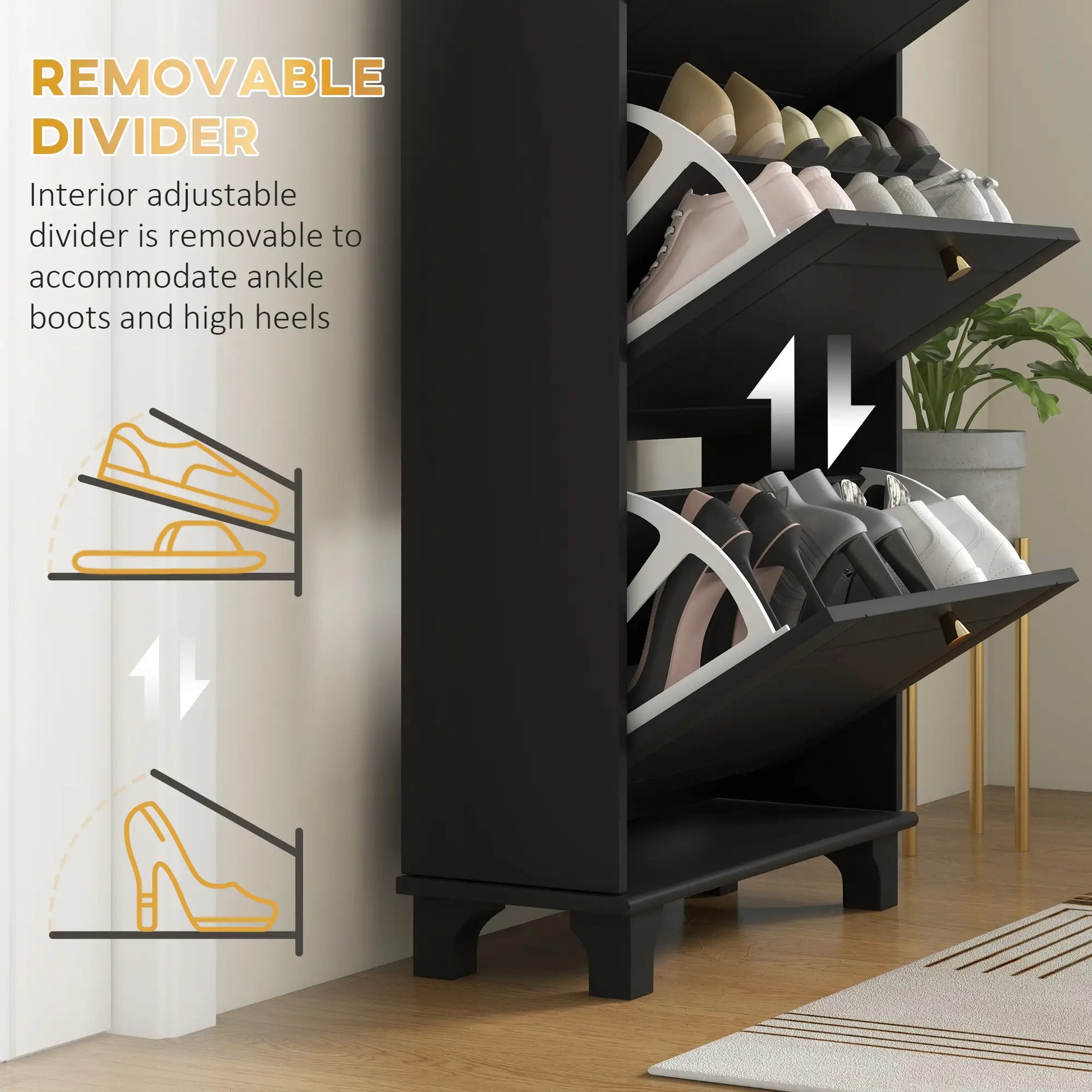 Narrow Shoe Storage, 3 Flip Drawers, Adjustable Shelves, Holds 12 Pairs, Black Shoe Storage Cabinets & Racks at Gallery Canada