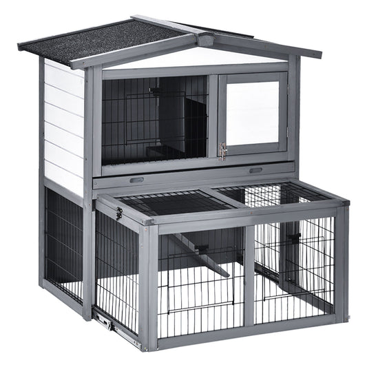 Deluxe Wooden 2 Story Rabbit Hutch with Slide-Out Outdoor Run, Open Roof - Gallery Canada