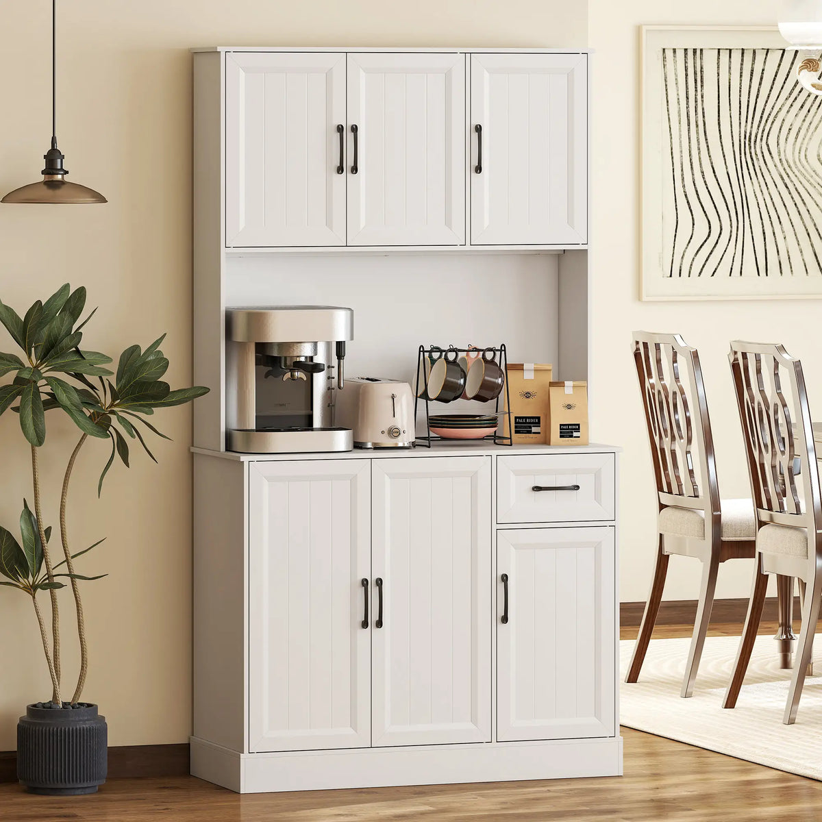 71 Inch Pantry Cabinet with Charging Station, Microwave Stand, Adjustable Shelves, White Kitchen Pantry Cabinets at Gallery Canada