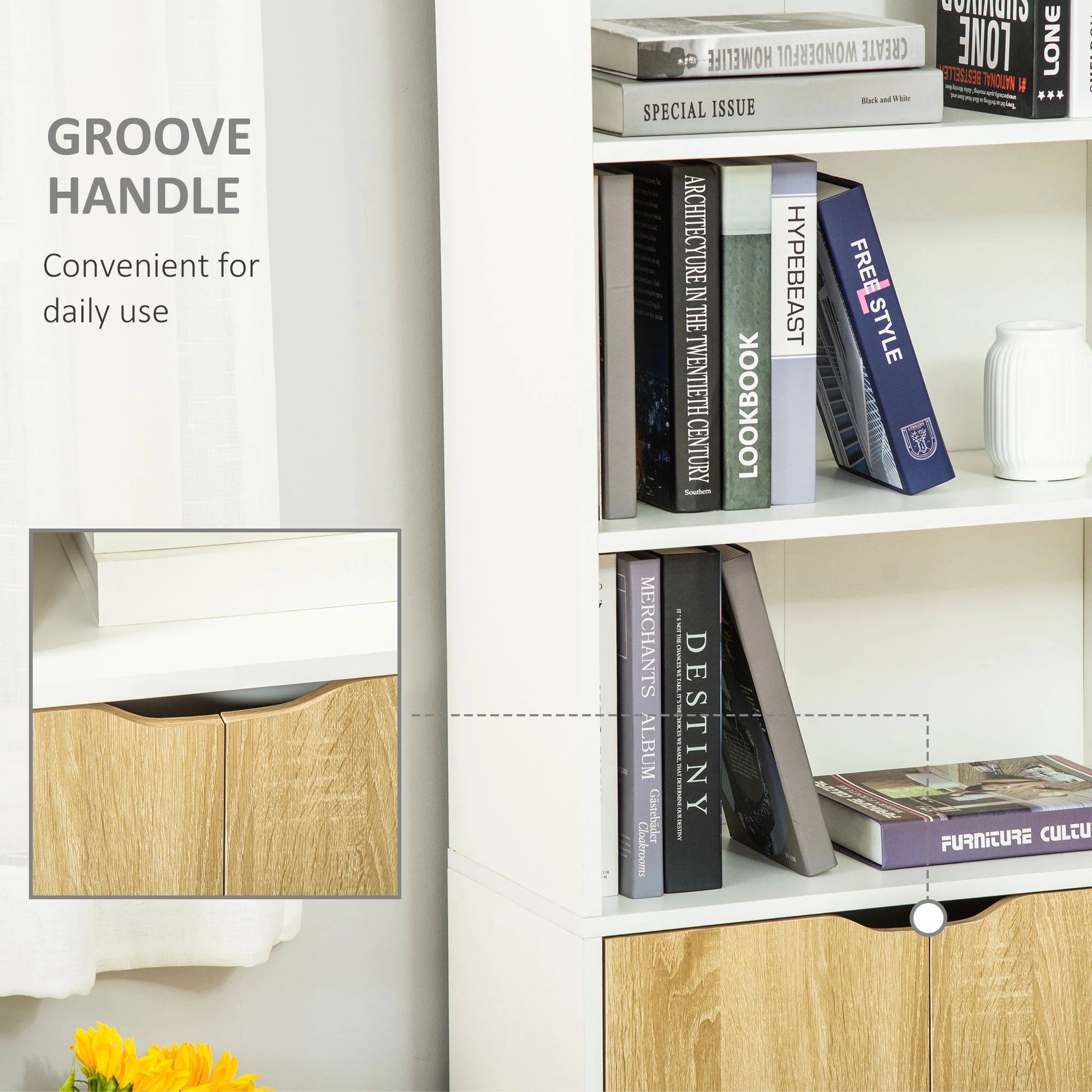 4-Tier Open Bookshelf with Doors, Home Office Storage Cabinet, Oak White Bookshelves at Gallery Canada