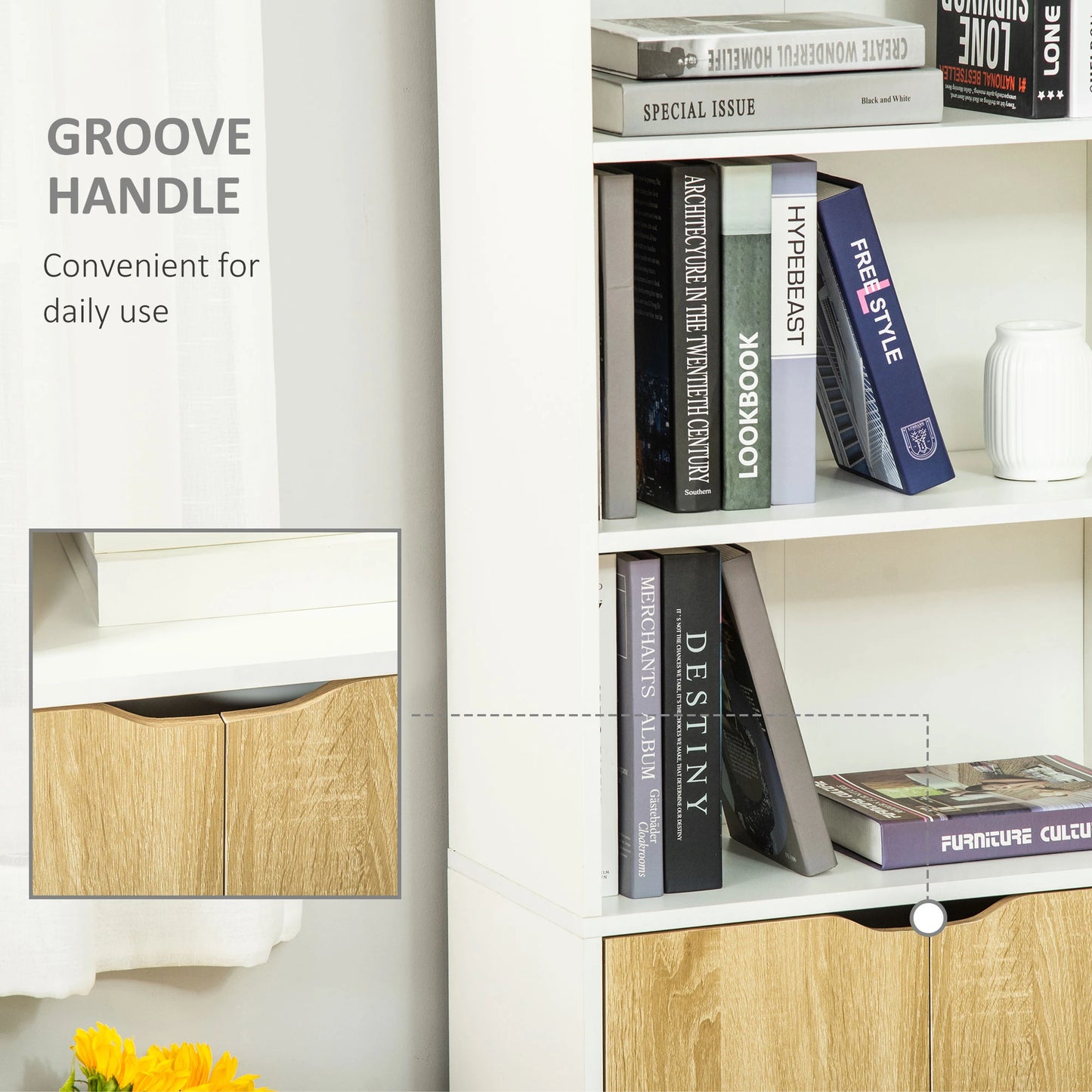 4-Tier Open Bookshelf with Doors, Home Office Storage Cabinet, Oak White Bookshelves at Gallery Canada