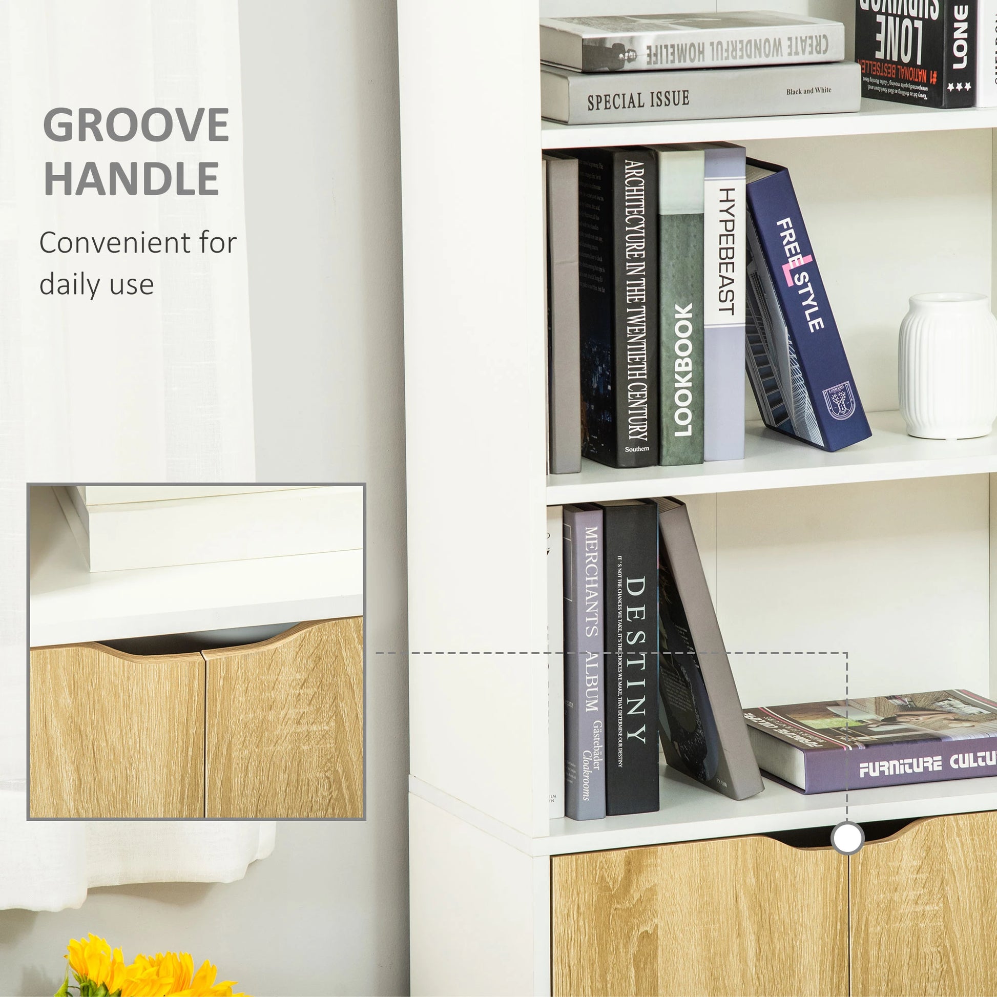 4-Tier Open Bookshelf with Doors, Home Office Storage Cabinet, Oak White Bookshelves at Gallery Canada