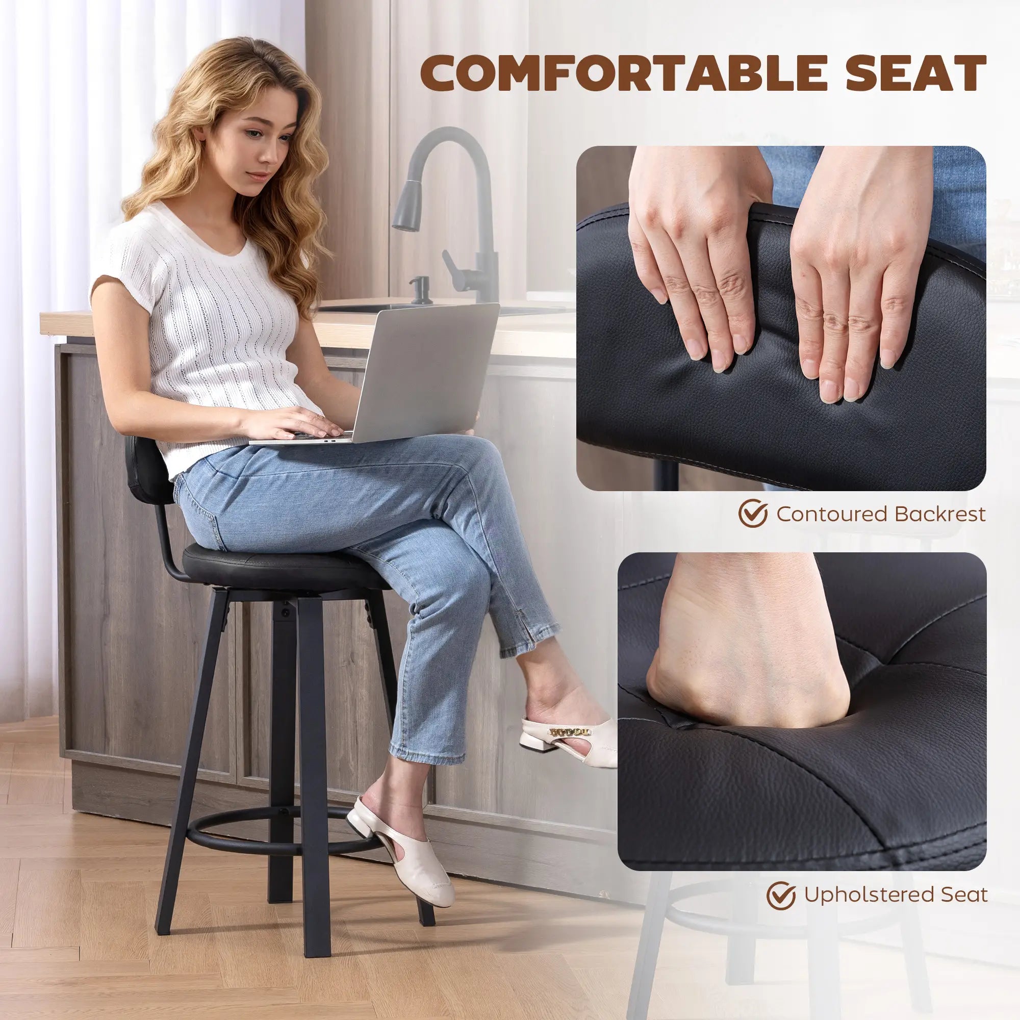 Upholstered Bar Stools Set Of 2, With Footrest And Backrest, Black Bar Stools at Gallery Canada