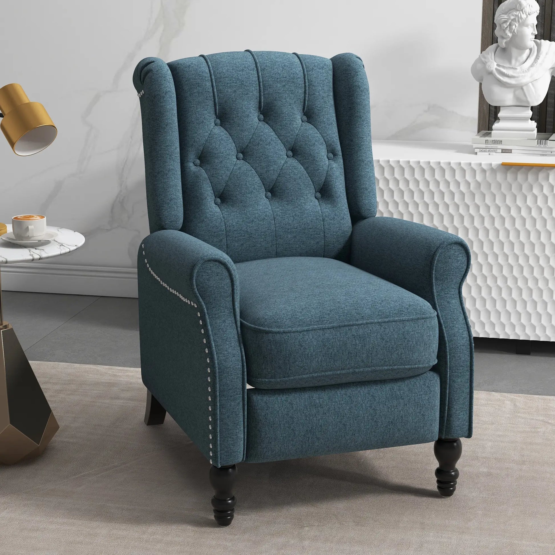 Wingback Reclining Chair with Footrest, Button Tufted, Blue Single Sofas at Gallery Canada