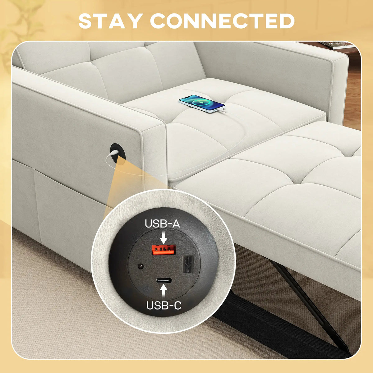 Convertible Chair Bed, Pull Out Sleeper with USB, Adjustable Backrest, Velvet Futon, Cream White Single Sofas at Gallery Canada