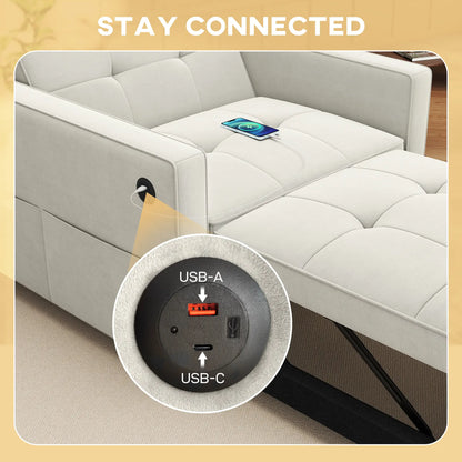 Convertible Chair Bed, Pull Out Sleeper with USB, Adjustable Backrest, Velvet Futon, Cream White Single Sofas at Gallery Canada