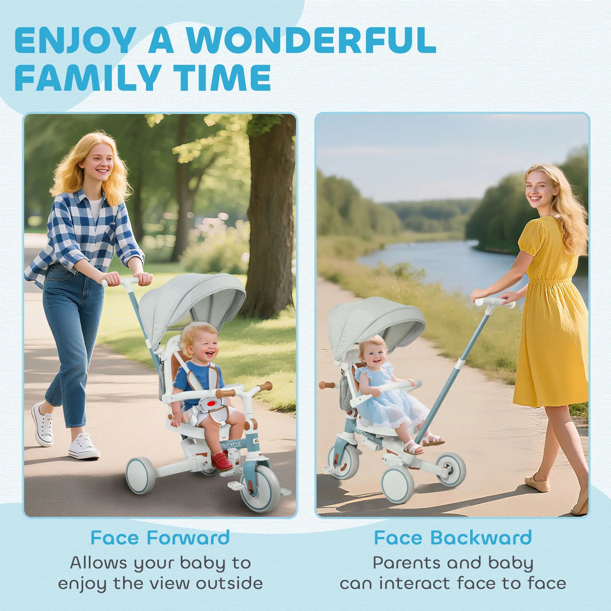 7 in 1 Toddler Tricycle, Adjustable Parent Handle, Canopy, Storage Bag, Brake, Blue Tricycles for Kids at Gallery Canada