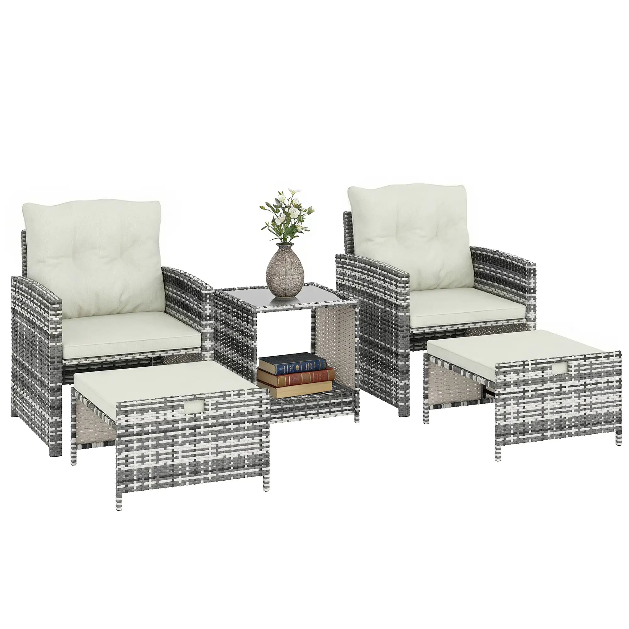 5 Piece Patio Furniture Set, Wicker Chairs With Ottomans, 2-Tier Glass Coffee Table, Grey/Cream White Patio Furniture Sets at Gallery Canada