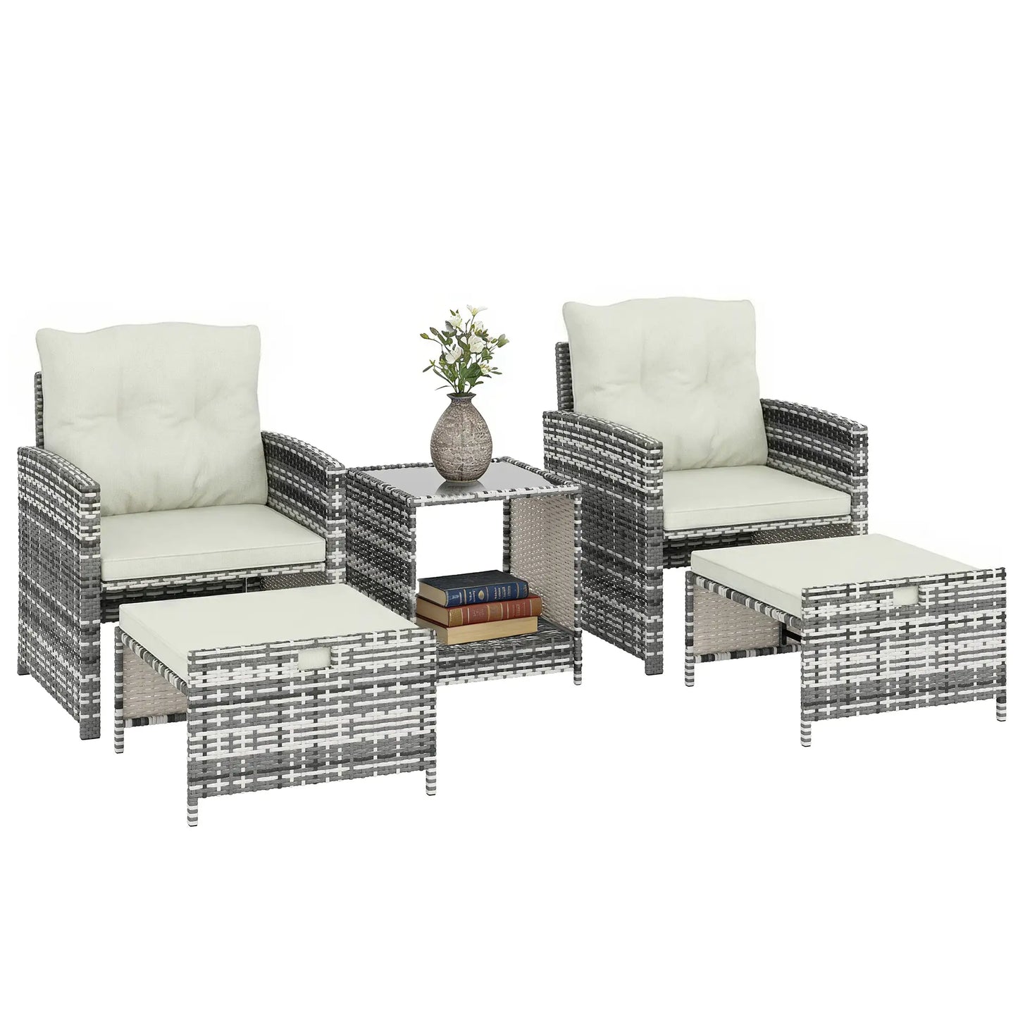 5 Piece Patio Furniture Set, Wicker Chairs With Ottomans, 2-Tier Glass Coffee Table, Grey/Cream White Patio Furniture Sets at Gallery Canada