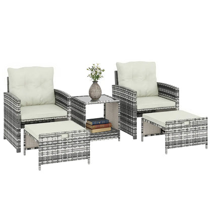 5 Piece Patio Furniture Set, Wicker Chairs With Ottomans, 2-Tier Glass Coffee Table, Grey/Cream White Patio Furniture Sets at Gallery Canada