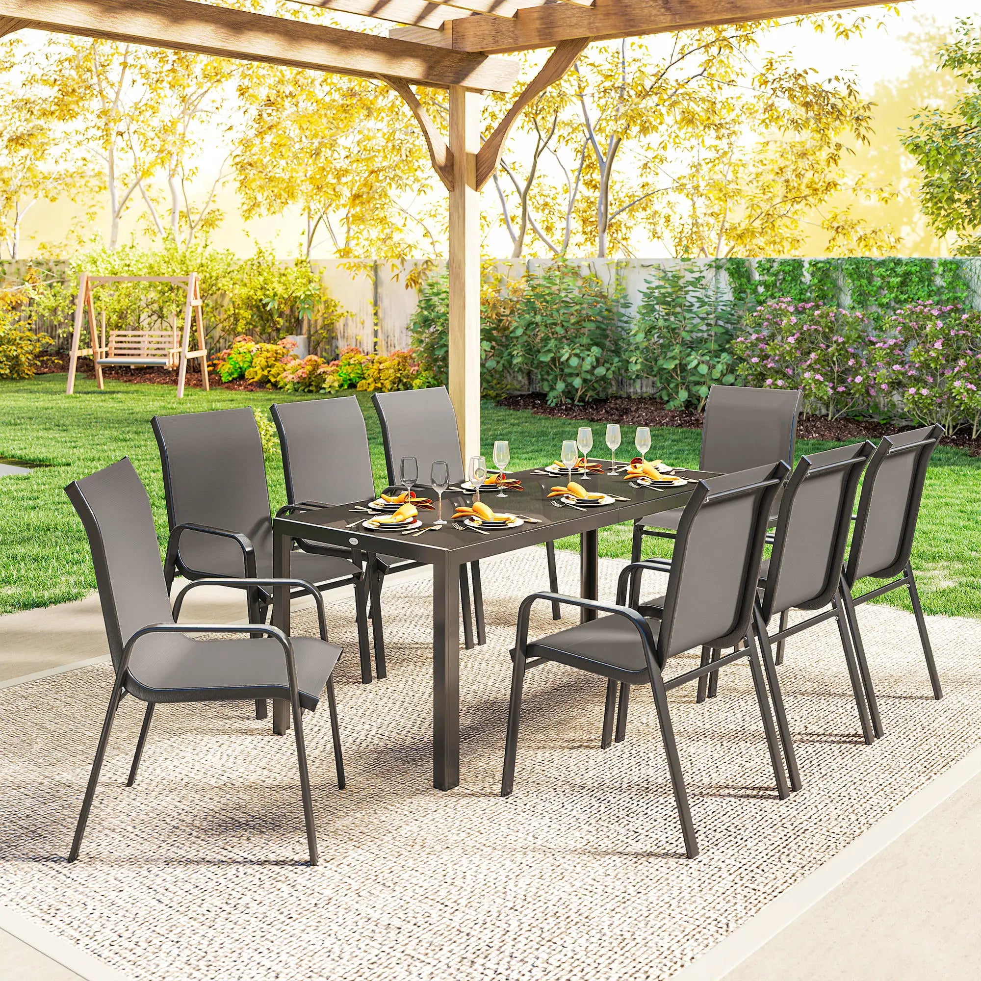 9-Piece Patio Dining Set, Glass Top Table, Stackable Chairs, Dark Grey Outdoor Dining Sets at Gallery Canada