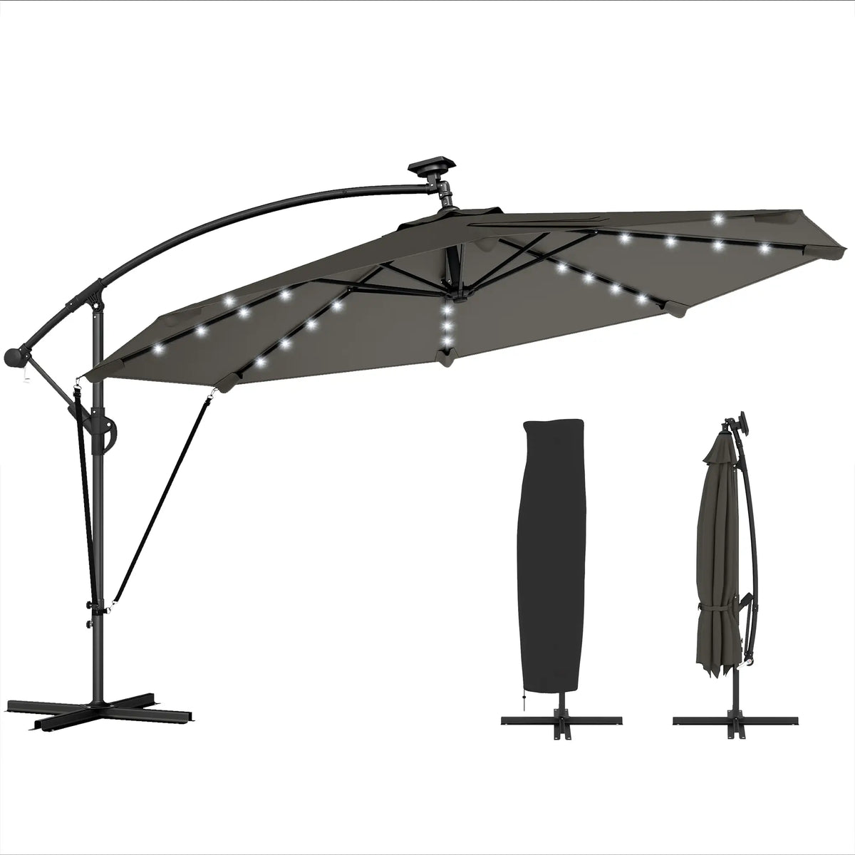 11.3 ft Cantilever Patio Umbrella, With Light And Cover, Dark Grey Offset Cantilever Umbrellas Dark Grey at Gallery Canada