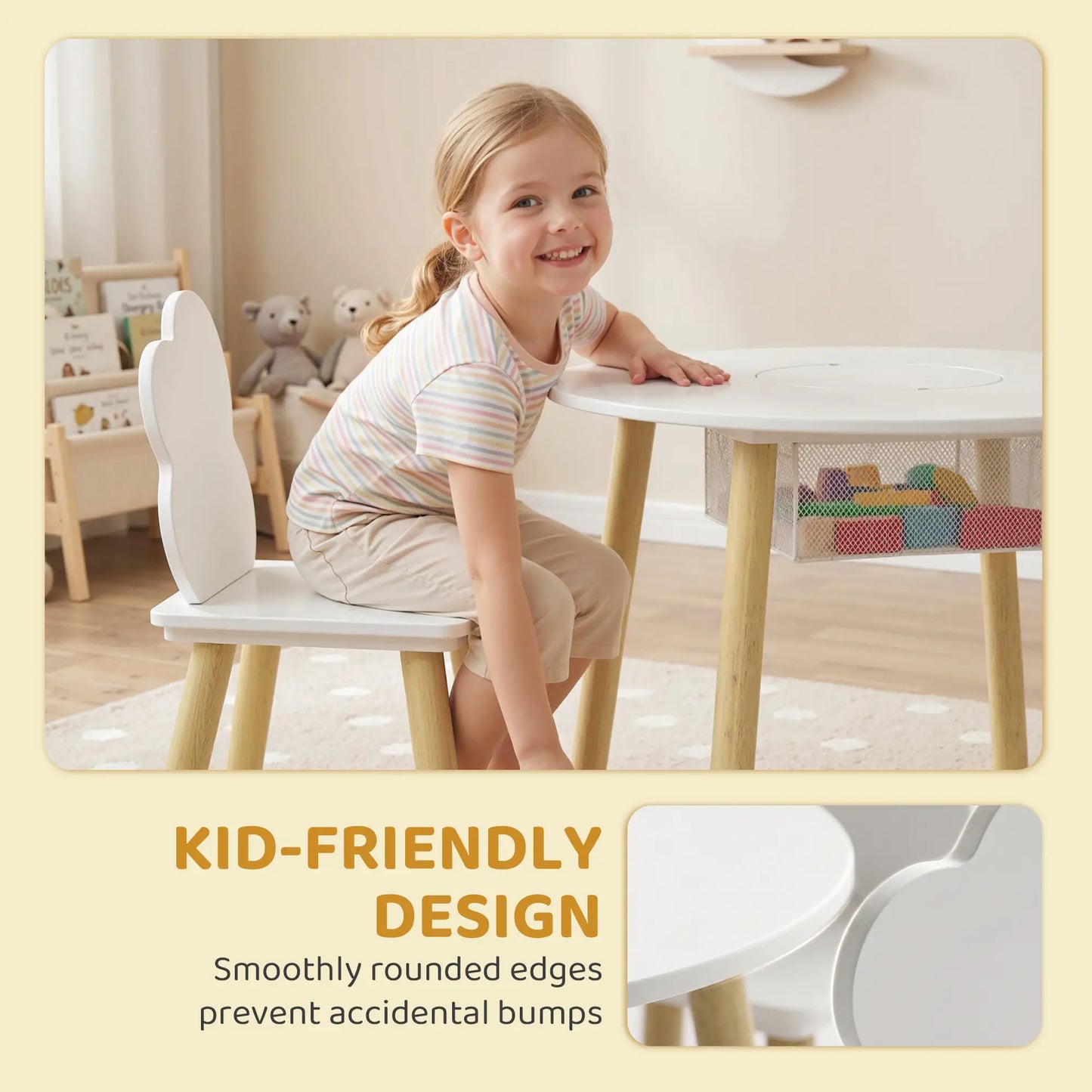 Kids Table and Chairs Set With Storage, White