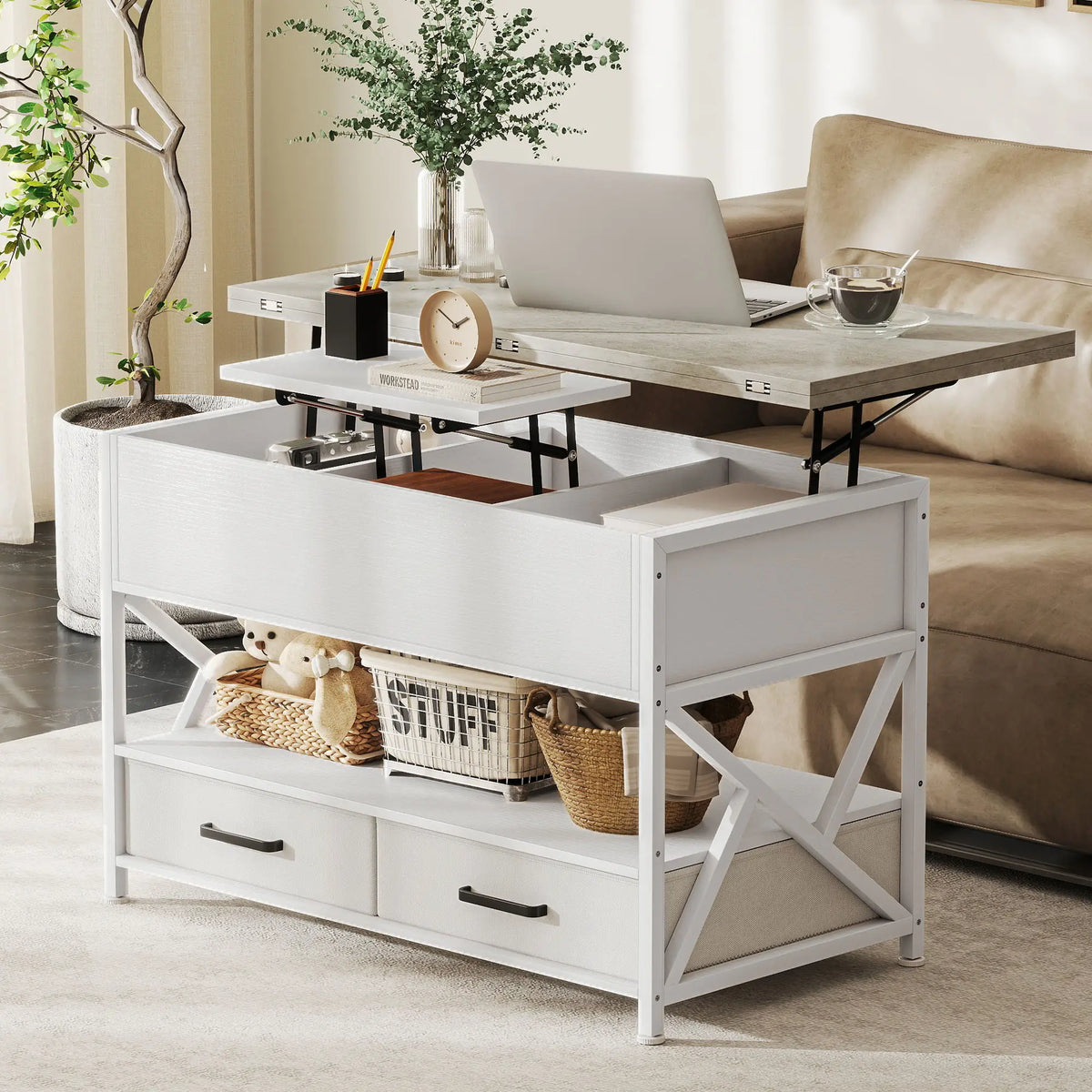 Modern Coffee Table, Lift Top with Fabric Drawers, Hidden Storage, Cement Grey Coffee Tables at Gallery Canada
