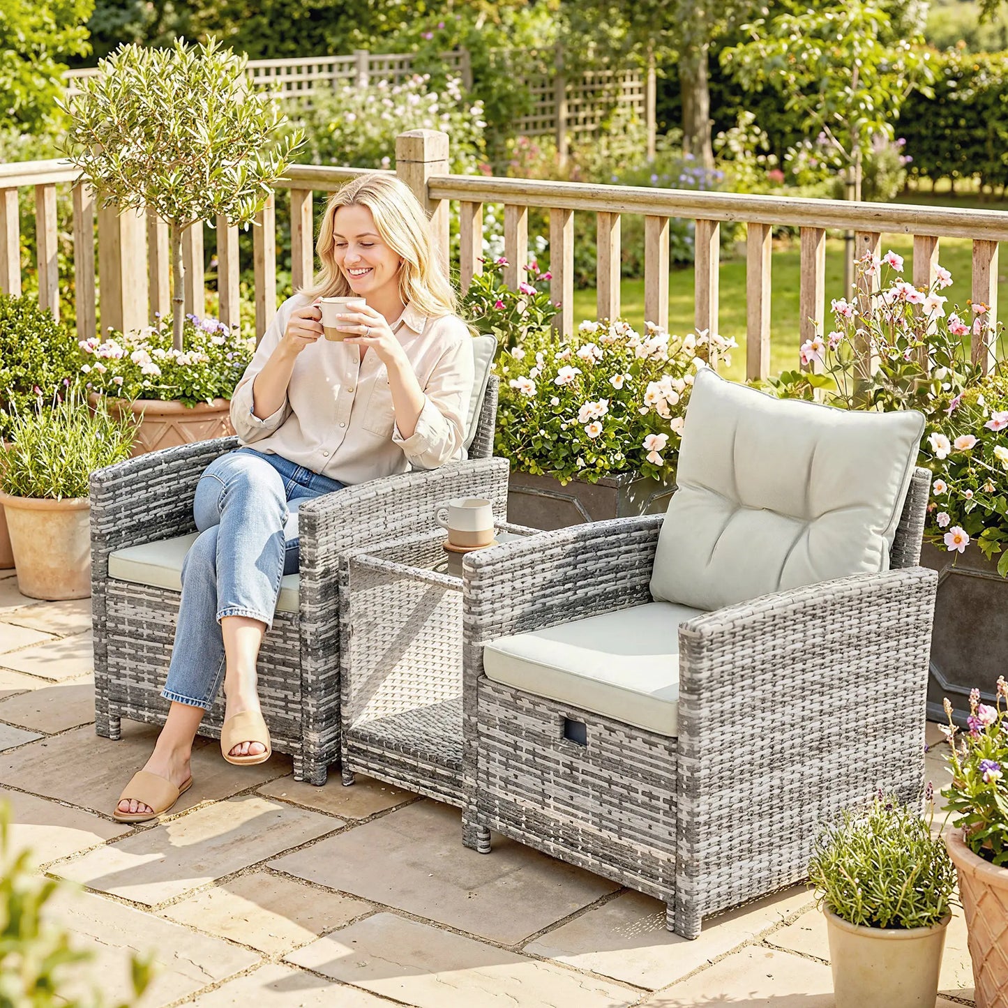5 Piece Patio Furniture Set, Wicker Chairs With Ottomans, 2-Tier Glass Coffee Table, Grey/Cream White Patio Furniture Sets at Gallery Canada