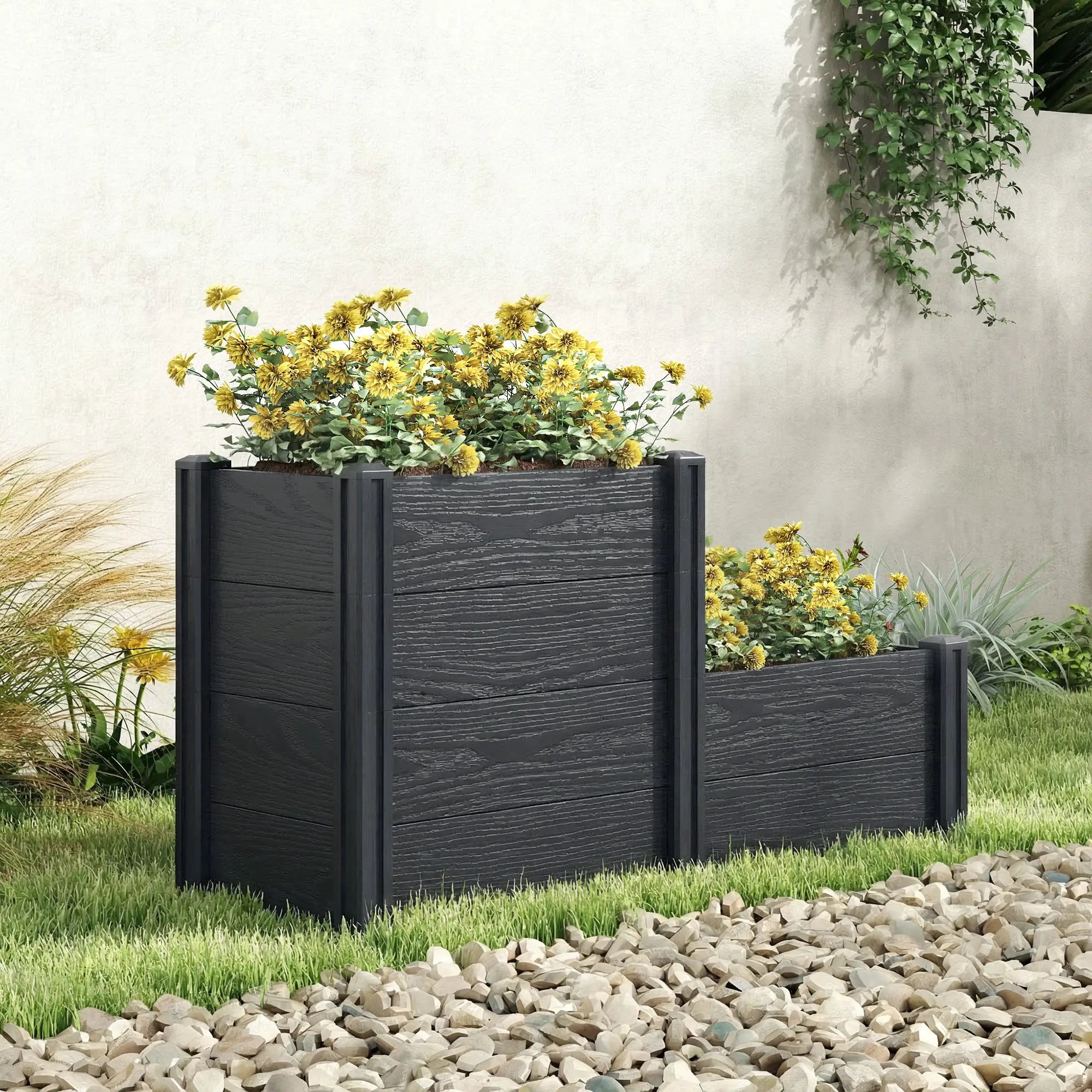 3-Tier Elevated Garden Box, Vinyl Raised Bed Kit, Grey Wood Effect, Grey Wooden Planter Boxes at Gallery Canada