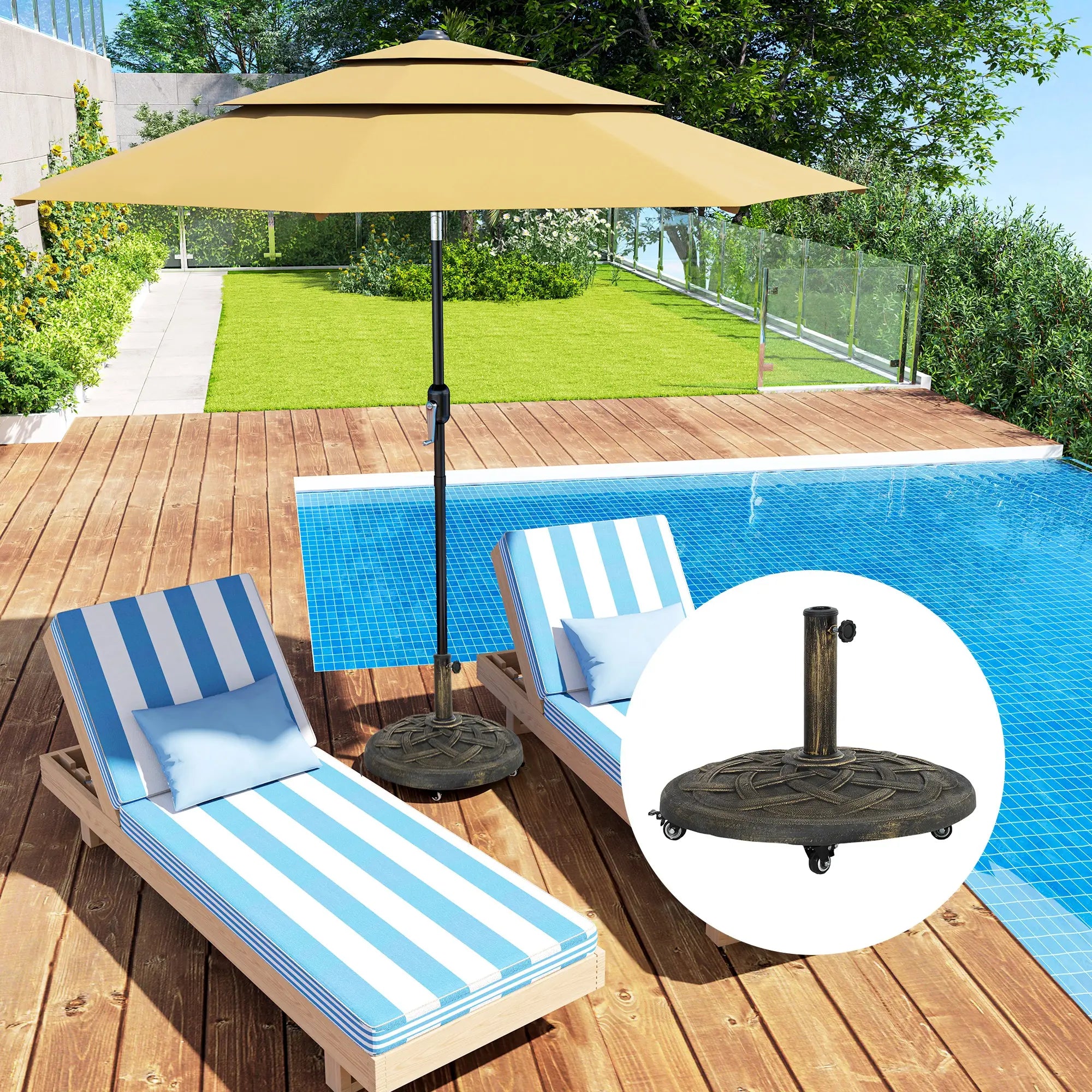 Round Patio Umbrella Base With Wheels, 44 Lbs Resin Stand, 1.3