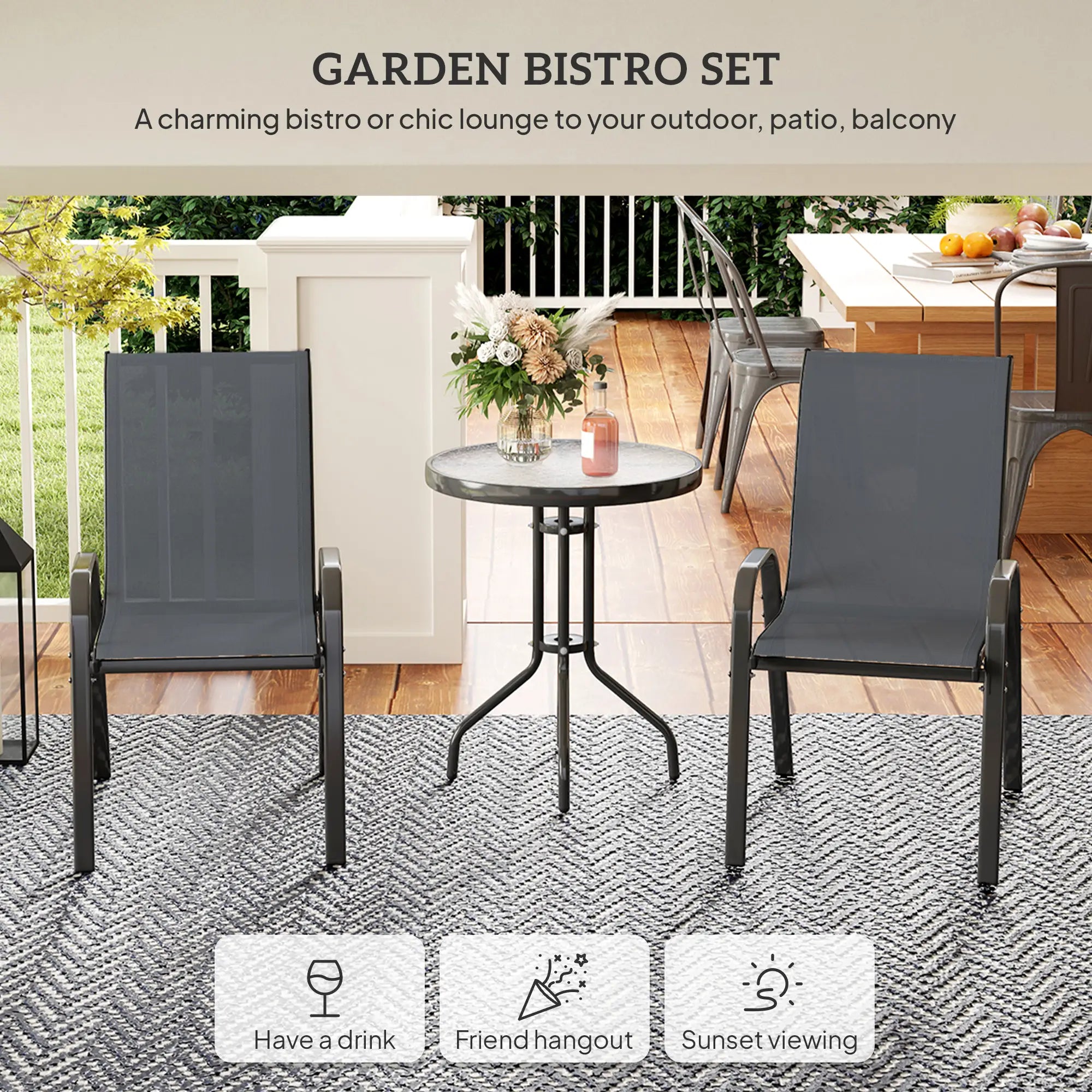 3 Piece Bistro Set, Stackable Mesh Chairs, Glass Table, Dark Grey Bistro Sets at Gallery Canada