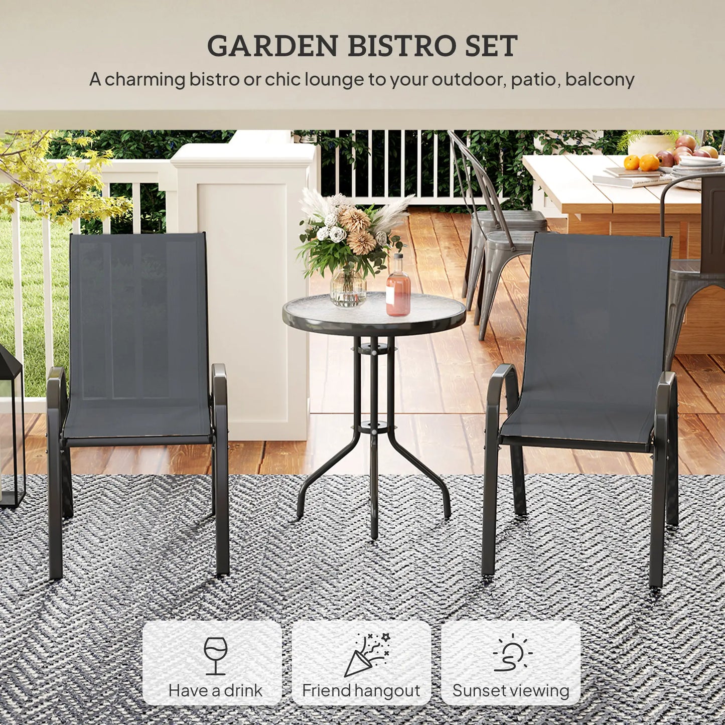 3 Piece Bistro Set, Stackable Mesh Chairs, Glass Table, Dark Grey Bistro Sets at Gallery Canada
