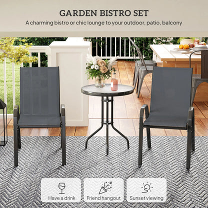 3 Piece Bistro Set, Stackable Mesh Chairs, Glass Table, Dark Grey Bistro Sets at Gallery Canada