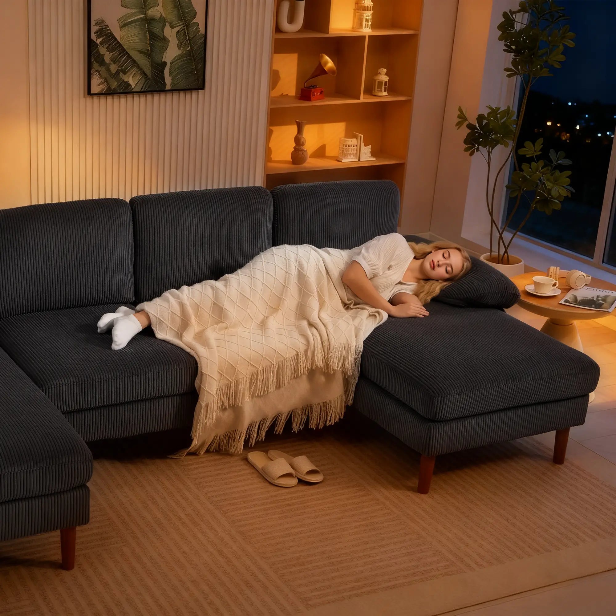 U Shape Couch with Double Chaise, Modern 4 Seater Sofa, Dark Grey 3-Seater Sofas at Gallery Canada