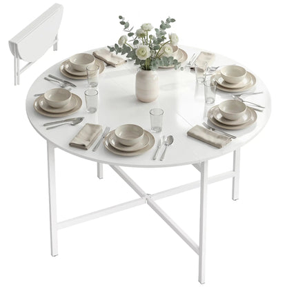 47" Round Drop Leaf Dining Table, Steel Frame, For 3-6 People, White Dining Tables at Gallery Canada