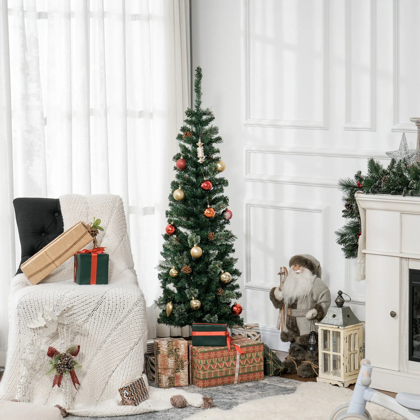 5ft Pencil Christmas Tree, Artificial with Pine Needles, Realistic Branches, Pine Cones, Green Pencil Christmas Trees at Gallery Canada