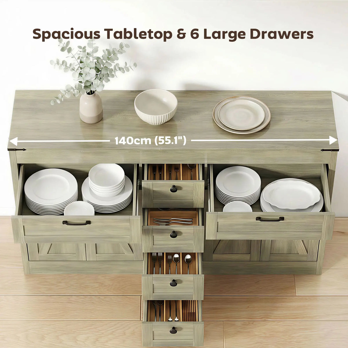 55" Farmhouse Sideboard Buffet Cabinet, 4 Barn Doors, 6 Drawers, Grey Bar Cabinets at Gallery Canada