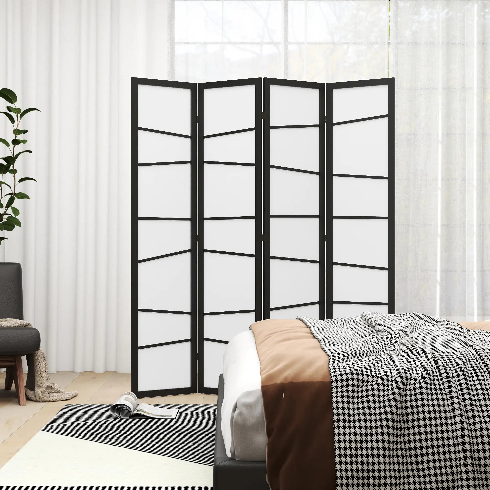 5.6ft Folding Room Divider, 4 Panel Wood Frame, White Room Dividers at Gallery Canada