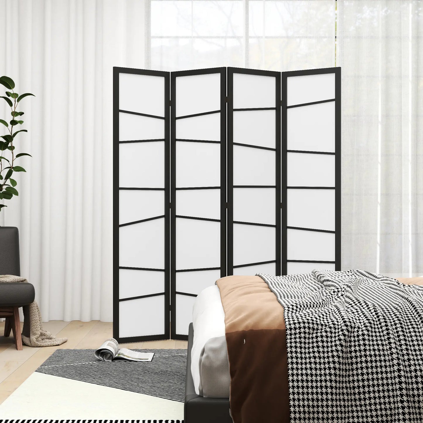 5.6ft Folding Room Divider, 4 Panel Wood Frame, White Room Dividers at Gallery Canada